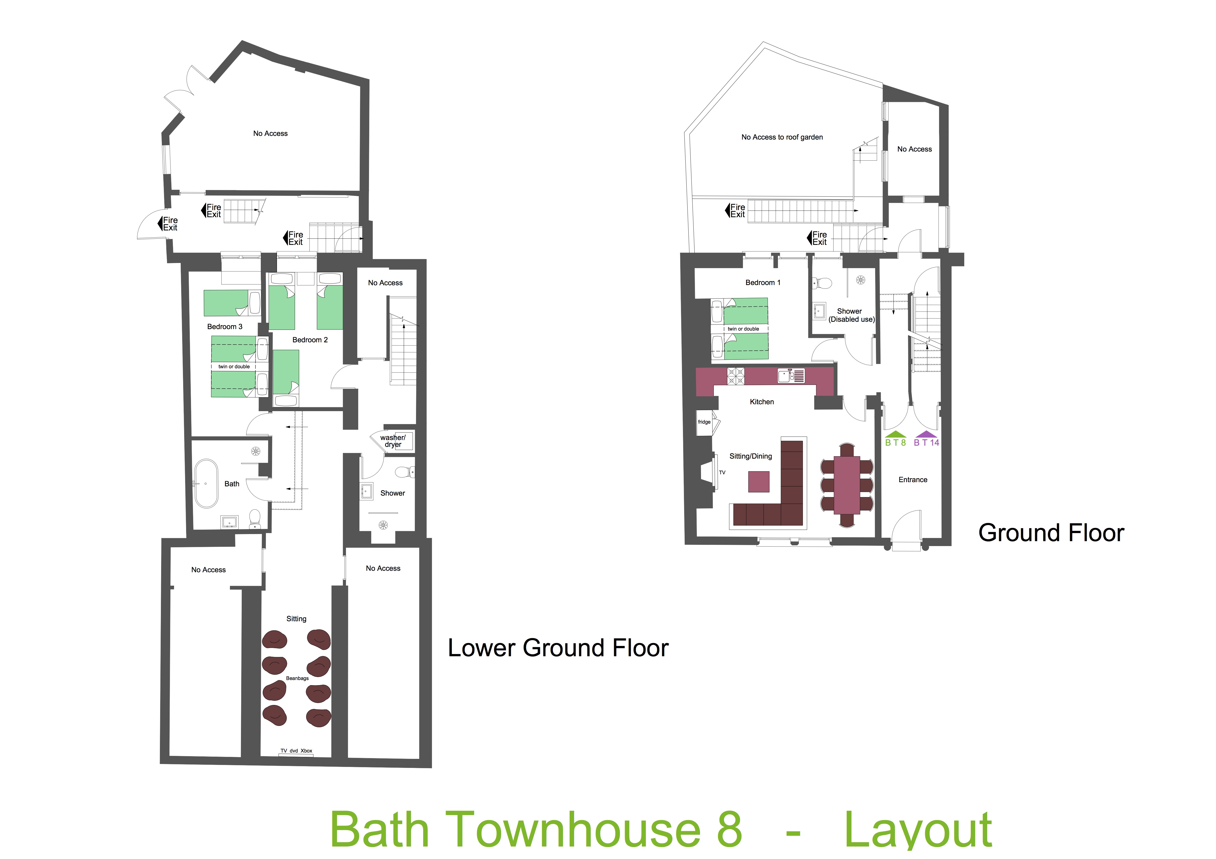 Floor plan of lower 2 floors of Bath Townhouse 22